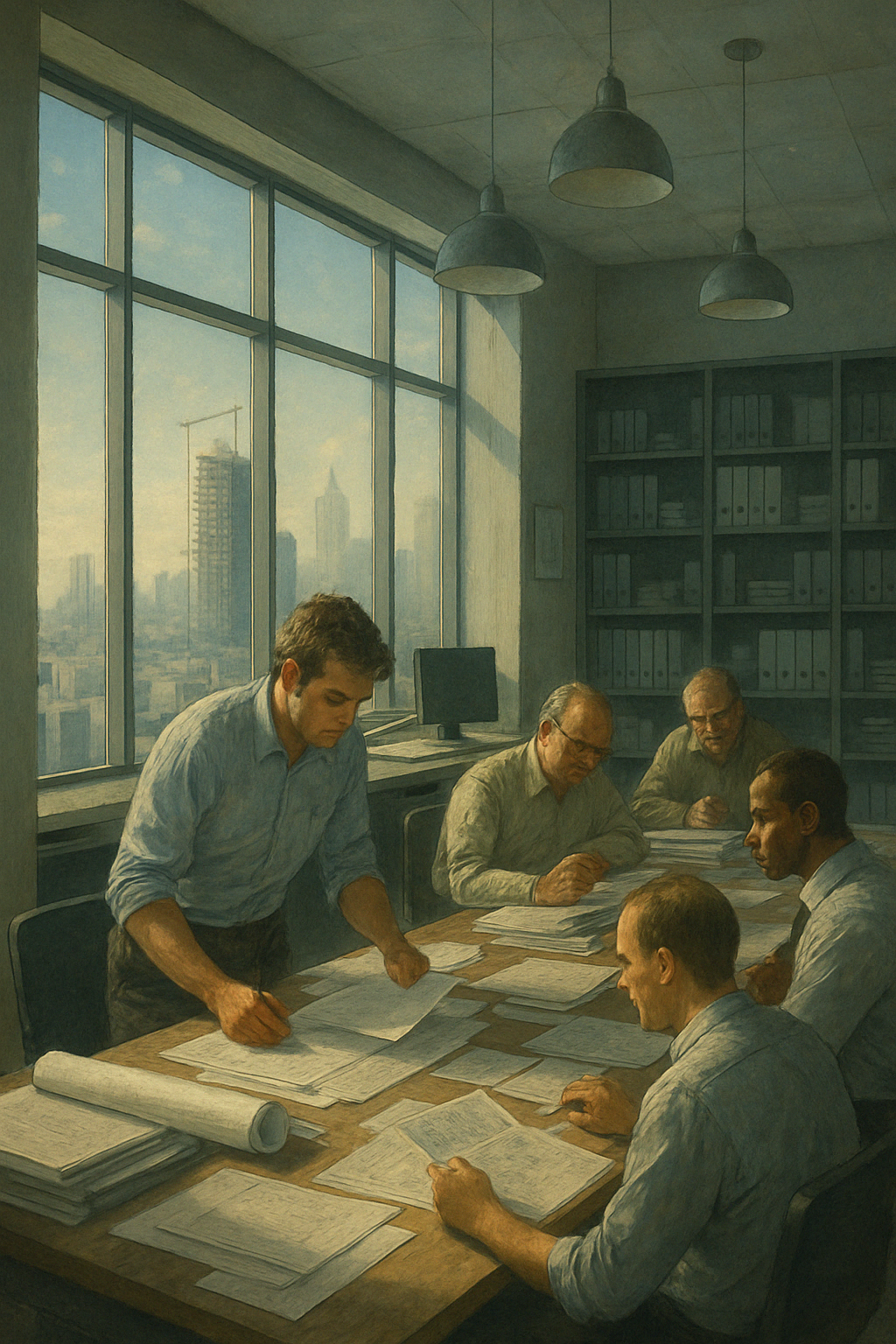 Engineers working on blueprints